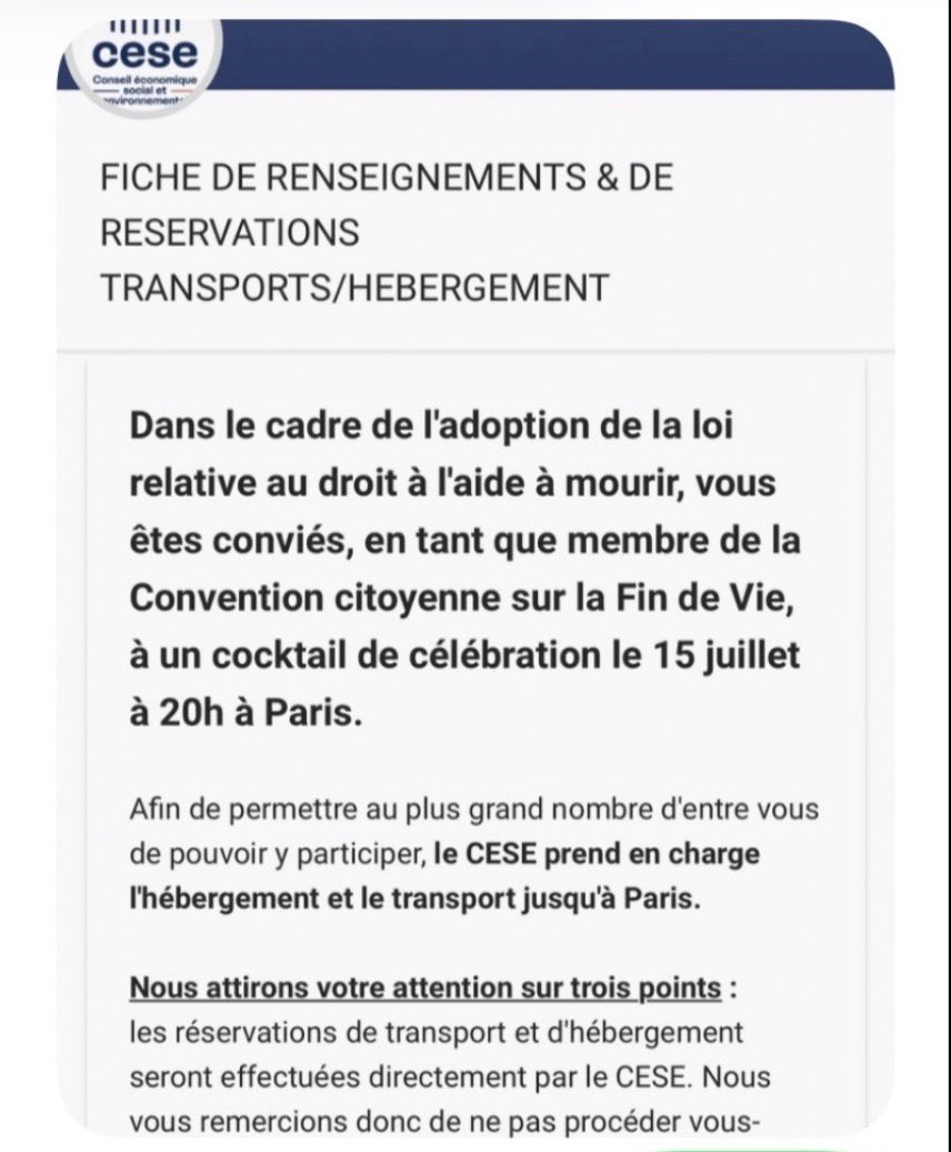 philippejuvin's tweet photo. Un « cocktail de célébration » pour la loi sur l’aide à mourir, accueilli au ministère des Relations avec le Parlement, transport et hébergement payés par le CESE. On ne « célèbre » pas un texte qui touche à la mort. La gravité du sujet et l’inquiétude qu’il soulève exigent de la retenue. Le respect de l’argent public aussi.

Alors que chacun devrait s’attacher à apaiser les divisions, cette cérémonie fait l’inverse. La sagesse devrait conduire le ministre et la présidente du @lecese à annuler cette cérémonie.