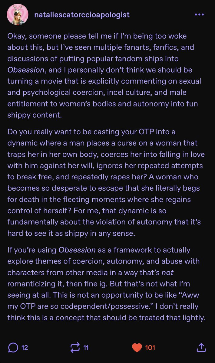 yjxpll's tweet photo. I feel like nataliescatorccioapologist on tumblr said it best regarding fanfics about obsession. https://t.co/k0CJo9DZ2q