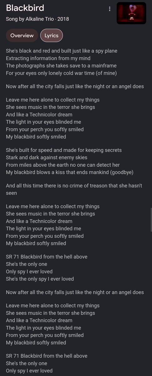 ValkyrieWX's tweet photo. @Habubrats71 Seen the one in Dayton! Speaking of the Blackbird, are you aware of the Alkaline Trio song by the same name? It's a pretty awesome song with some pretty cool lyrics https://t.co/TKwPjSn5Vb
