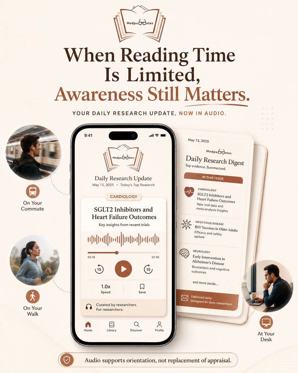 medpubdates's tweet photo. Reading time is limited. Research awareness still matters.
Audio summaries can help clinicians and researchers stay oriented to recent specialty literature.
Not a replacement for appraisal. A way to identify what deserves deeper reading.
#Medpubdates #academicperfection https://t.co/Z3lW8tahNU