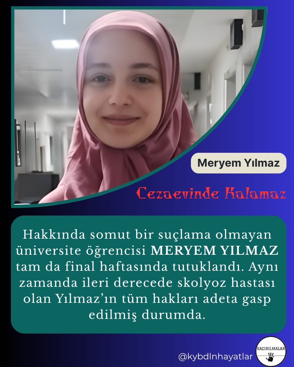 scream25silence's tweet photo. Üniversite öğrencisi Meryem Yılmaz’ın eğitimi, hukuksuz tutukluluk nedeniyle yarım kaldı.

Ameliyatlı omurgasıyla 12 Haziran’dan bu yana Şakran Cezaevi’nde tutulan Yılmaz’ın, ciddi sağlık sorunlarına rağmen hastaneye sevk edilmediği aktarılıyor.

Türkiye Cezaevleri https://t.co/PxvCMd9lXB