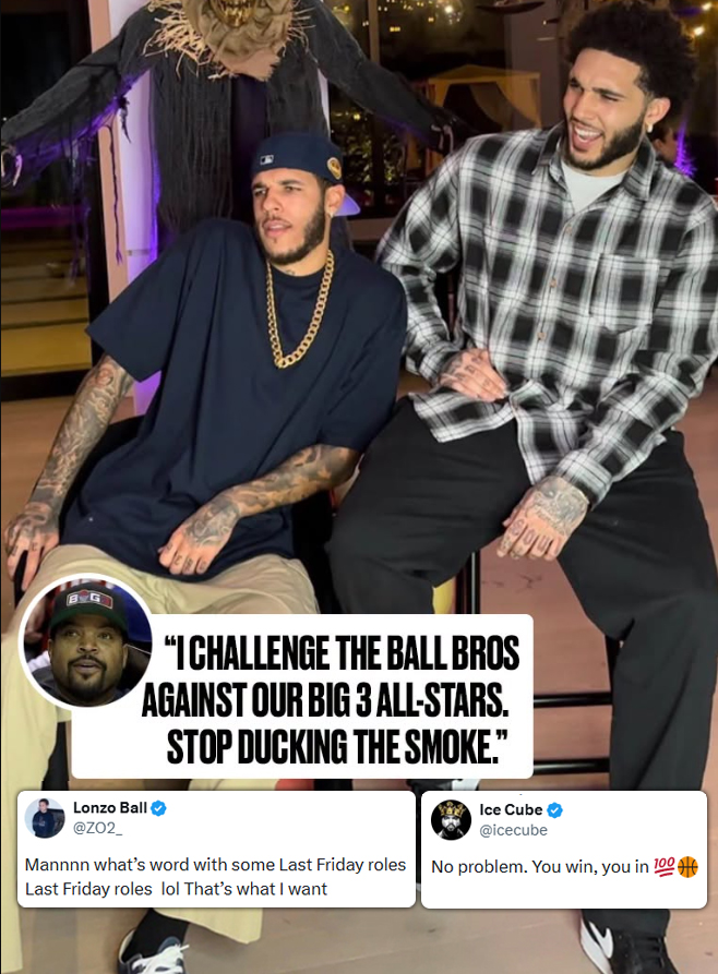 Ballislife's tweet photo. Ice Cube told Lonzo Ball if the BALL BROS can beat the BIG3 All-Stars next month in Charlotte, they can be in the next FRIDAY movie, LAST FRIDAY! 

Mike Epps on Chris Tucker returning as Smokey: "We're talking to him and he wants to come back." https://t.co/9buMkJhokE