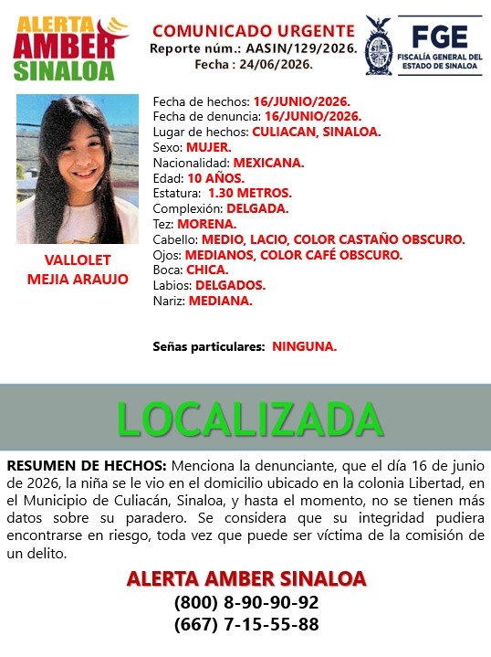 FiscaliaSinaloa's tweet photo. 🚨🔍🔔 #FiscalíaSinaloa agradece la colaboración ciudadana, Vallolet Mejía Araujo, ya fue localizada. https://t.co/qOfBIHyqgP