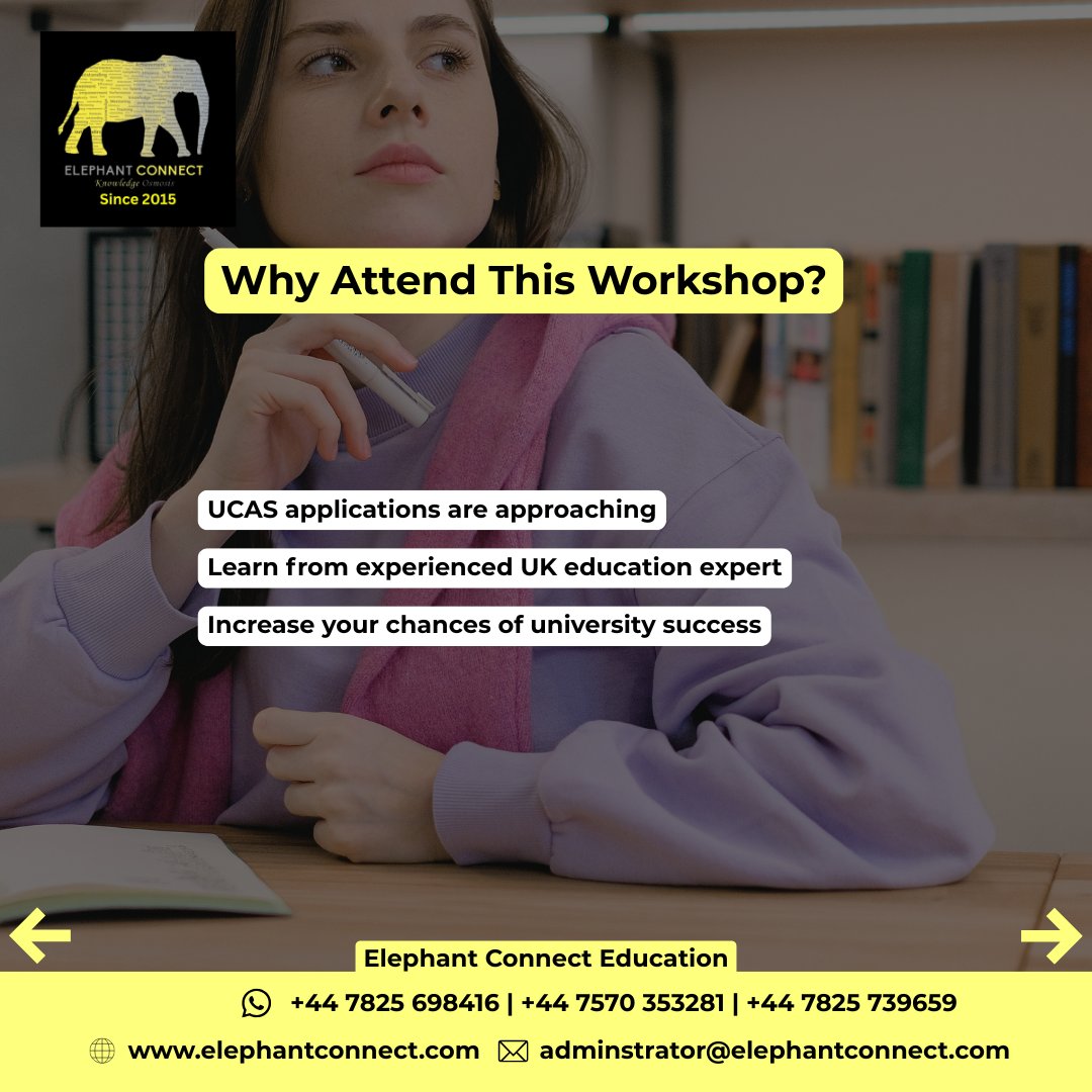 ElephantConnect's tweet photo. Applying to university this year?

Make your UCAS application stand out. Join our University Application Workshop

✅ Personal Statement
✅ Interview Preparation
✅ Common Mistakes to Avoid

23 July 2026 | 6:00 PM
Online (Zoom)
Register now: https://t.co/laD84iJpS9
+447570353281 https://t.co/Y1Jo6SKP41