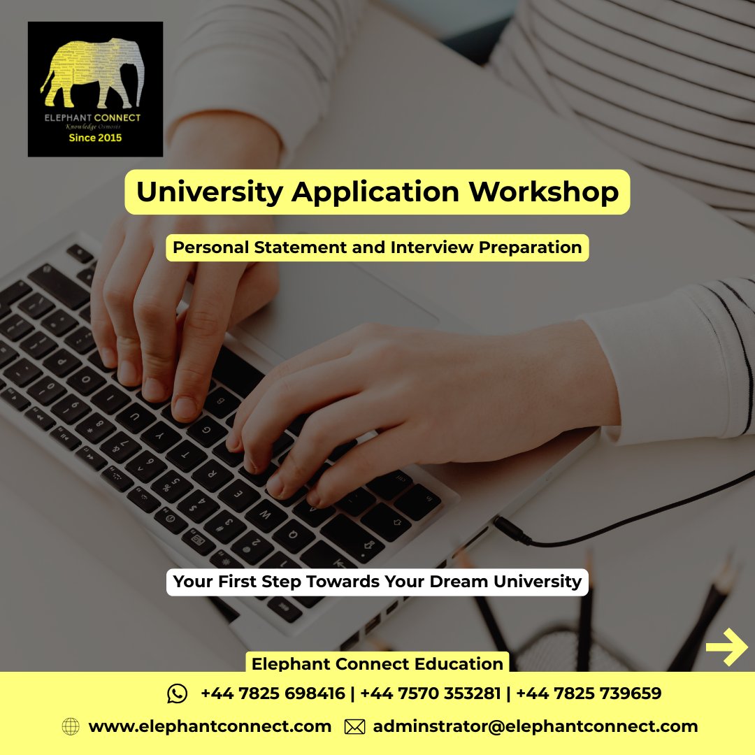 ElephantConnect's tweet photo. Applying to university this year?

Make your UCAS application stand out. Join our University Application Workshop

✅ Personal Statement
✅ Interview Preparation
✅ Common Mistakes to Avoid

23 July 2026 | 6:00 PM
Online (Zoom)
Register now: https://t.co/laD84iJpS9
+447570353281 https://t.co/Y1Jo6SKP41