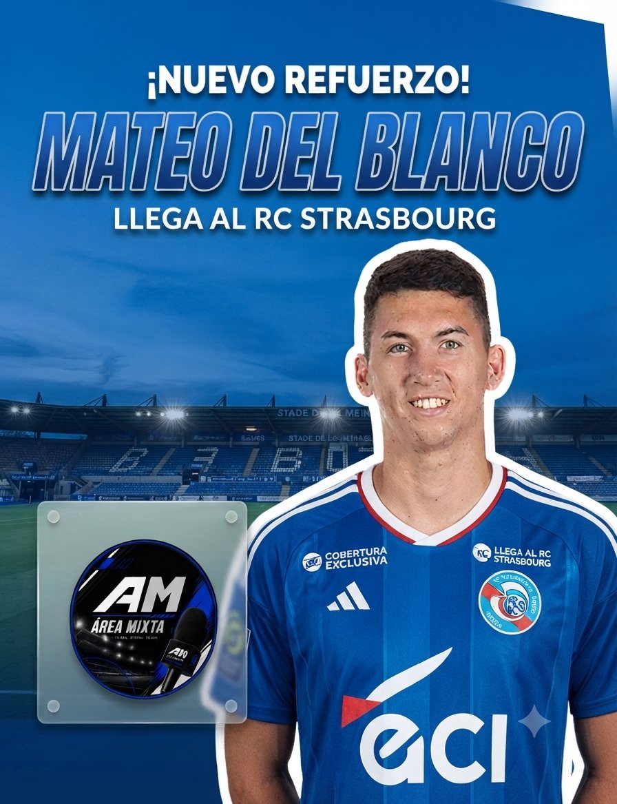 AMFUTBOLARG's tweet photo. ¡OFICIAL! 🚨 Mateo Del Blanco es nuevo refuerzo del RC Strasbourg. El jugador argentino da el salto al fútbol francés para continuar su carrera. 

¿Qué opinas de su llegada a la Ligue 1? 👇

#MateoDelBlanco #RCStrasbourg #MercadoDePases #FútbolArgentino #ÁreaMixta https://t.co/ICrAIoke4D