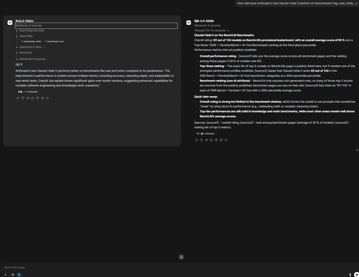 PinkStack_'s tweet photo. ✨ Released: Fijik 2.0 350M!

An open-weight 350 million parameter model based off of Granite, trained for agentic tool use, chat and code with an apache 2.0 license. 

Note: the images show fijik 2.0, not 2.5

Safetensors: https://t.co/pVynvlgmRC

GGUF:  https://t.co/uHhZVCfm5J https://t.co/6BA1s9iegq