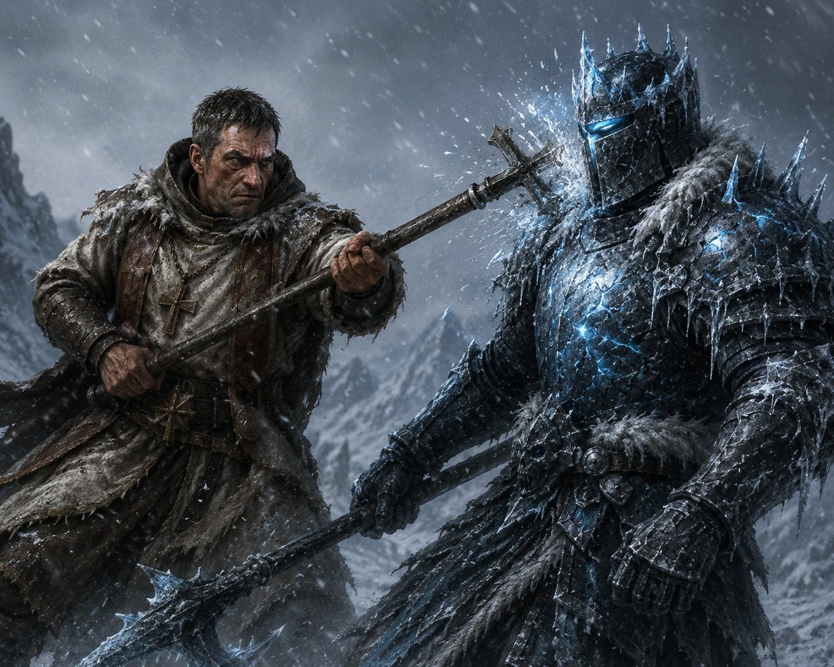 gazzser's tweet photo. @RiverholdGame I prefer winter and often I go to Northwatch Tundra to explore. This time I met a Frost Guardian... one of the most fearless creatures out there. I managed to dodge his attack and give him a full swing, shattering his plate armour. It was not an easy fight! $RVRH https://t.co/Y98iOMekyZ