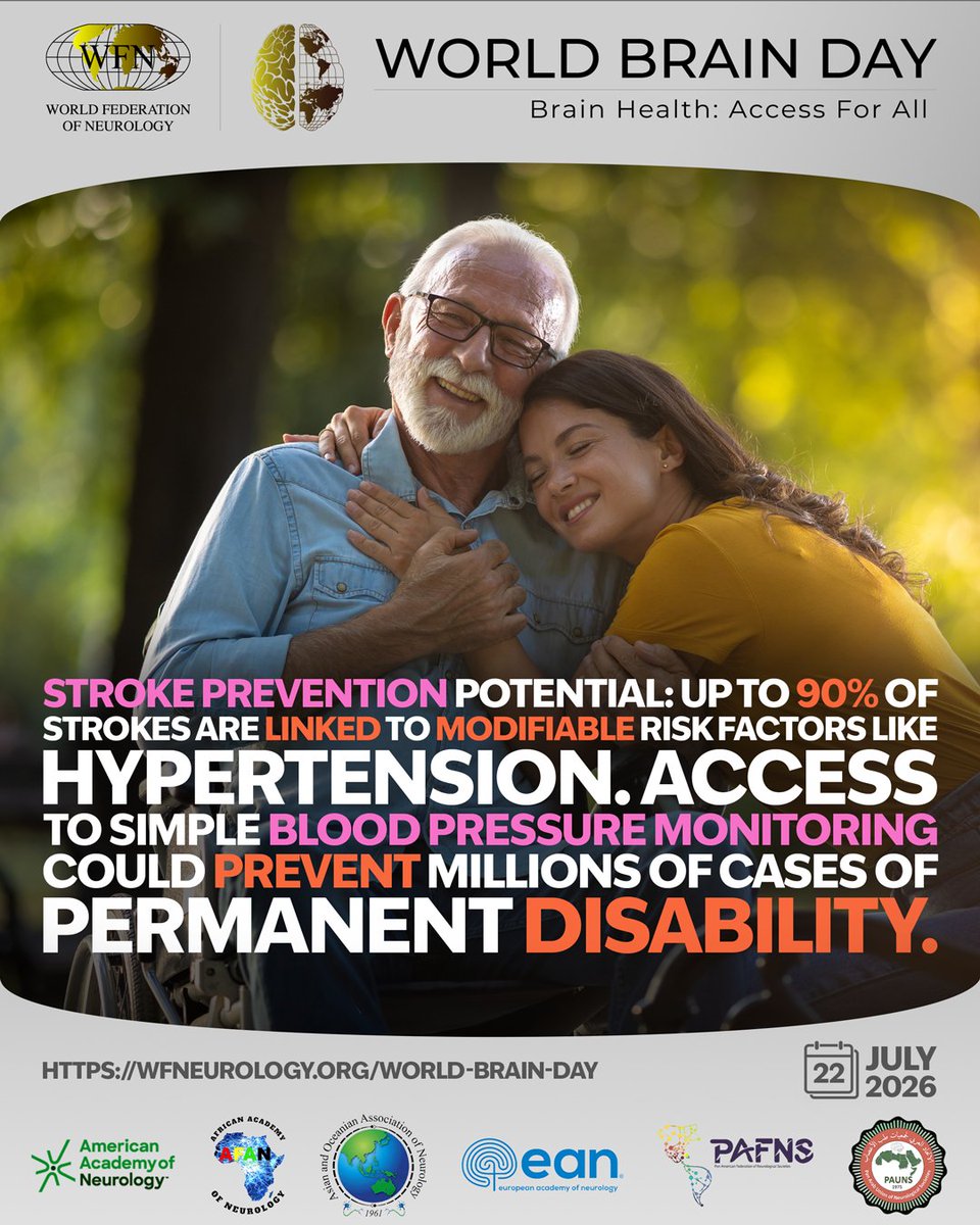 wfneurology's tweet photo. Up to 90% of strokes can be prevented by managing risk factors like high blood pressure. Simple checking tools can help protect millions of people from lasting health issues.  🩺 Learn how countries are scaling prevention on World Brain Day, 22 July 2026.

Register for our free webinar at https://t.co/J59f78irSF

#WorldBrainDay #AccessForAll #StrokePrevention #Hypertension