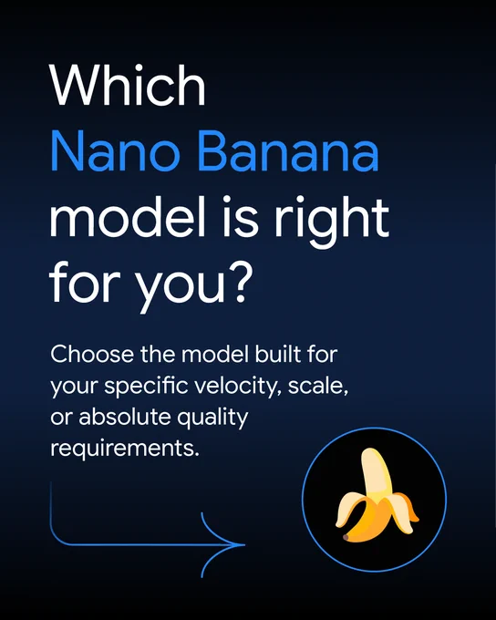 Large text on a dark blue background asks "Which Nano Banana model is right for you?" with the words "Nano Banana" in blue. Smaller white text below says, "Choose the model built for your specific velocity, scale, or absolute quality requirements." A blue L-shaped arrow points toward a circular icon at the bottom right containing a partially peeled yellow banana.