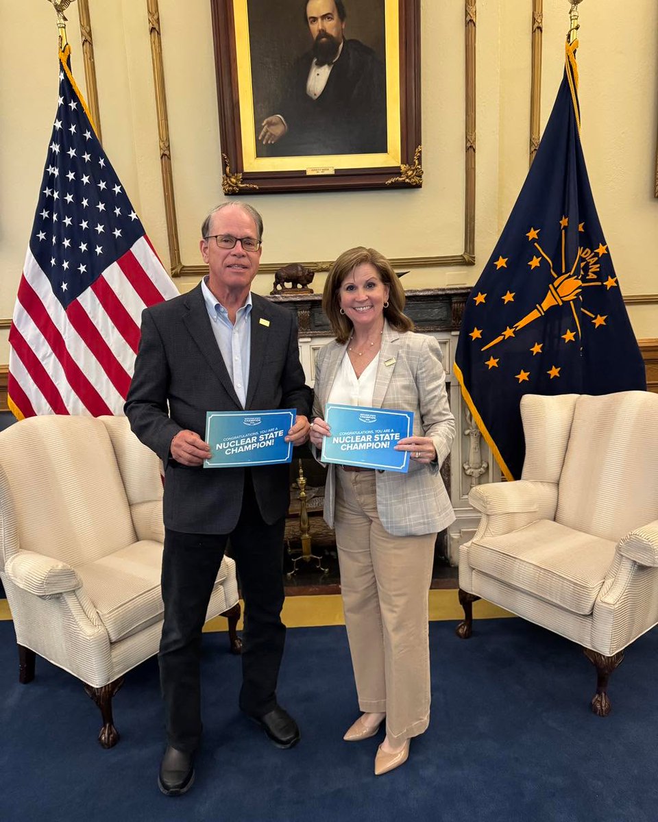 GovBraun's tweet photo. I am proud to have recently been named a Nuclear State Champion for my all-of-the-above approach to energy that includes nuclear power and prioritizes reliability and affordability.

More energy means lower energy prices for Hoosier families. 

By increasing energy supply and expanding our portfolio with options like nuclear power, we can keep energy affordable for Hoosier families and businesses while powering the industries of the future.