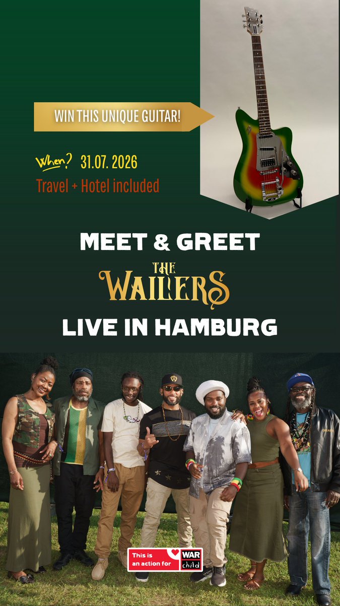 TheWailers's tweet photo. 🇩🇪 Hamburg!

Gewinne 2 Tickets für The Wailers am 31. Juli 2026, ein exklusives Meet & Greet, Flug & Hotel für 2 sowie eine originale Gitarre von @Duesenberg_HQ.

Mit Deiner Teilnahme unterstützt Du außerdem War Child Deutschland.

👉 Jetzt mitmachen: https://t.co/In1mUEewOc

🇩🇪 Hamburg!

Win 2 tickets to see The Wailers live in Hamburg on July 31, 2026, an exclusive Meet & Greet, flights & hotel for two, plus an original guitar from @Duesenberg_HQ.

Your entry also supports War Child Germany, helping children affected by war and conflict.

👉 Enter now: https://t.co/In1mUEewOc

#TheWailers #Hamburg #Reggae #VIPRIZE