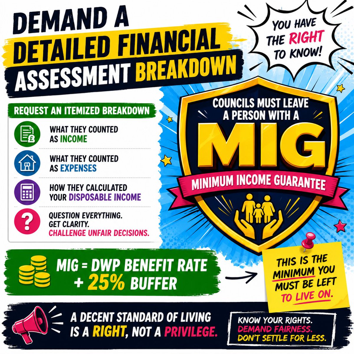 sdsnetsl's tweet photo. Did you check the council's financial assessment
ask for itemised breakdown, income counted, expenses allowed, how your contribution was calculated
You must be left with your Minimum Income Guarantee (MIG), the relevant DWP benefit rate, +25% to live on
#KnowYourRights https://t.co/jXTzlv62wP