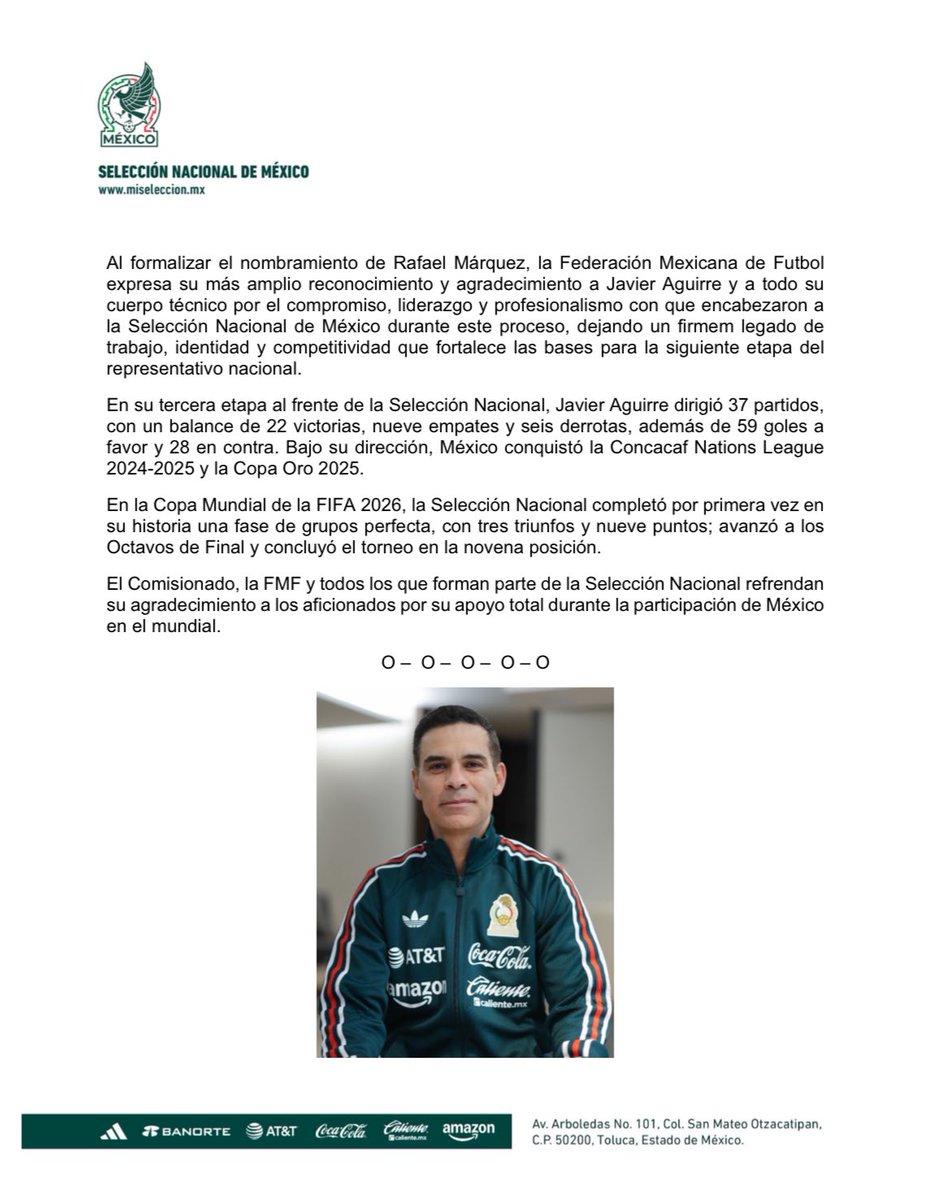 azucenau's tweet photo. ⚽️🚨La Federación Mexicana de Futbol oficializó la designación de Rafa Márquez como Director Técnico de la Selección Mexicana. https://t.co/HVdbJrBvV5