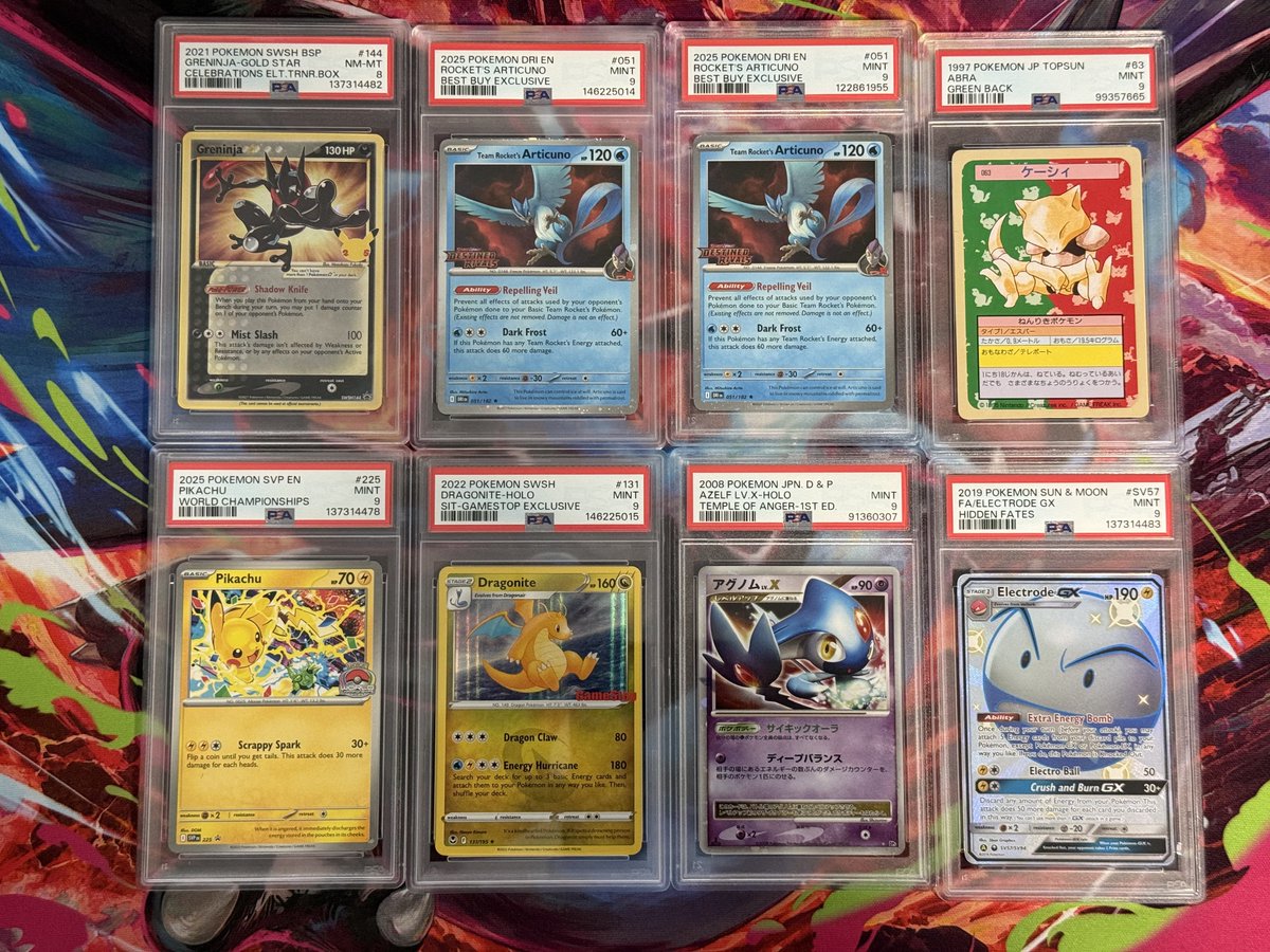 placeholder0119's tweet photo. For Sale 🚨

Greninja - Sold 
Articuno - $38 each
Abra - offers (last sold $195)
Pikachu - $28
Dragonite - $75
Azelf - offers (last two $110 &amp; $200)
Electrode - $22

+$5 for shipping https://t.co/OdCcAHG4T9