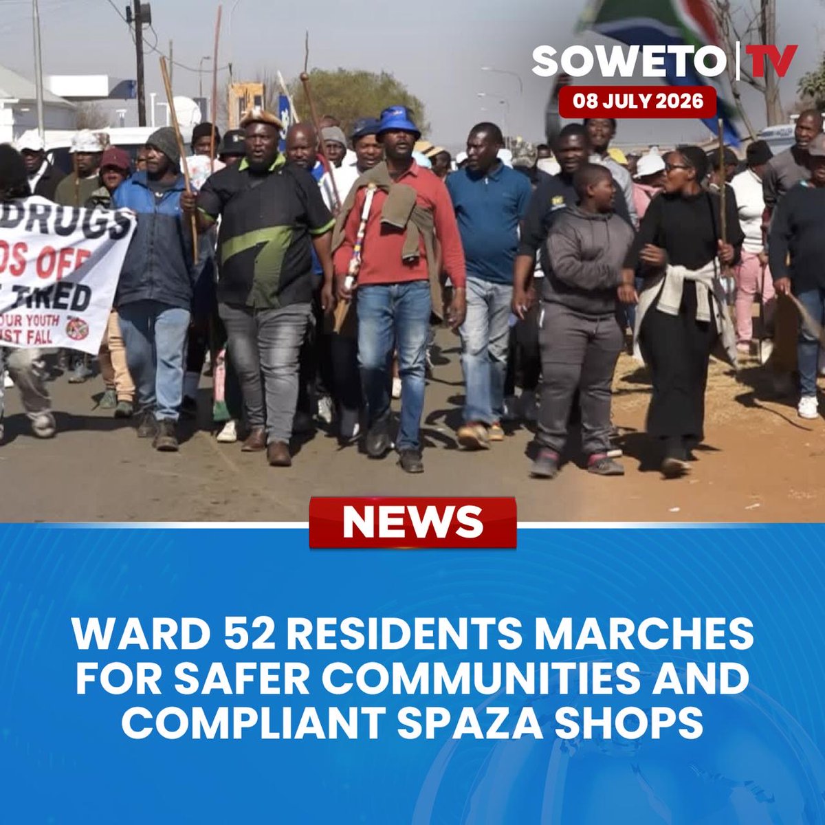 SowetoTVchannel's tweet photo. Ward 52 residents marched to Naledi Police Station, calling for stronger policing and action against undocumented foreign nationals and non-compliant spaza shops.
Published: 08 July 2026
#SowetoTVNews #Ward52 #CommunitySafety #Naledi #SpazaShops #ServiceDelivery #Soweto https://t.co/sfzrbzWWJf