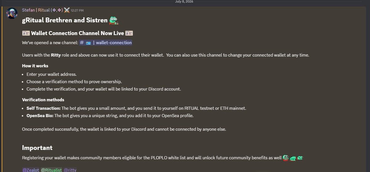 VaultVanec0sk's tweet photo. 🚨 New Ritual Update: Wallet Linking Has Arrived!

Another important feature has just been added to the @ritualnet Discord! 🎉

The new 🪪┃wallet-connection channel is now open, giving Ritty members and higher roles a secure way to link their crypto wallet with their Discord account. If you ever need to switch wallets, you can also manage the update from this same channel.

⚡ Getting Started

Connecting your wallet only takes a few steps:

• Submit the wallet address you want to register.
• Select one of the available ownership verification options.
• Complete the verification process.
• Once approved, your wallet will be successfully linked to your Discord profile.

🔐 Available Verification Options

💠 Transaction Verification

- The bot will send a small verification amount.
- Return that exact amount to your own wallet using either the RITUAL Testnet or Ethereum Mainnet to confirm ownership.

🖼️ OpenSea Profile Verification

- You'll receive a unique verification code.
- Add it to your OpenSea profile bio, and the system will verify that the wallet belongs to you.

🌟 Why You Should Connect Your Wallet

After verification:

- Your wallet is securely associated with your Discord account.
- The same wallet cannot be registered by another account.
- Future wallet updates can be completed through the wallet-connection channel.

🎁 More Than Just Verification

Linking your wallet prepares you for upcoming community opportunities, including:
✨ Eligibility for the PLOPLO whitelist
✨ Access to future rewards, campaigns, and exclusive community perks
✨ A smoother experience for upcoming Ritual ecosystem events

Don't wait until the last minute link your wallet now and be ready for what's next in the Ritual ecosystem! If you want this for X (Twitter), I can also make it shorter, more hype, and Crypto Twitter–style with stronger hooks.