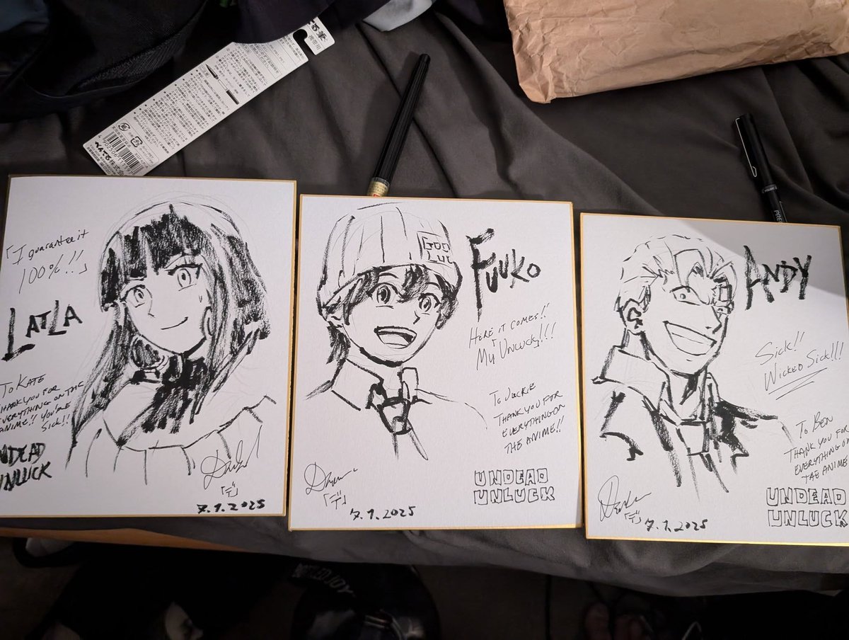 shinhoroko's tweet photo. flashback to last year where I drew these for @benbevoicing @JackieLastra and @thekatesea as a token of appreciation for their impeccable work on Undead Unluck's English dub at AX. https://t.co/3a5R3FG6Id