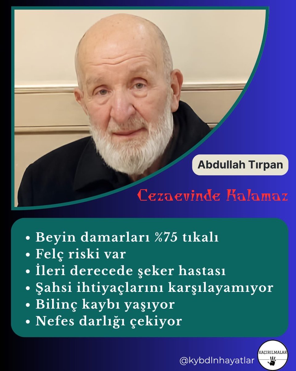 whiteorchid7777's tweet photo. Abdullah Tırpan’ın 6 farklı rahatsızlığı var ve hala cezaevinde. Abdullah Tırpan’a acil tahliye ‼️

📍Türkiye Cezaevleri 📍 https://t.co/w3nPKnKrW9