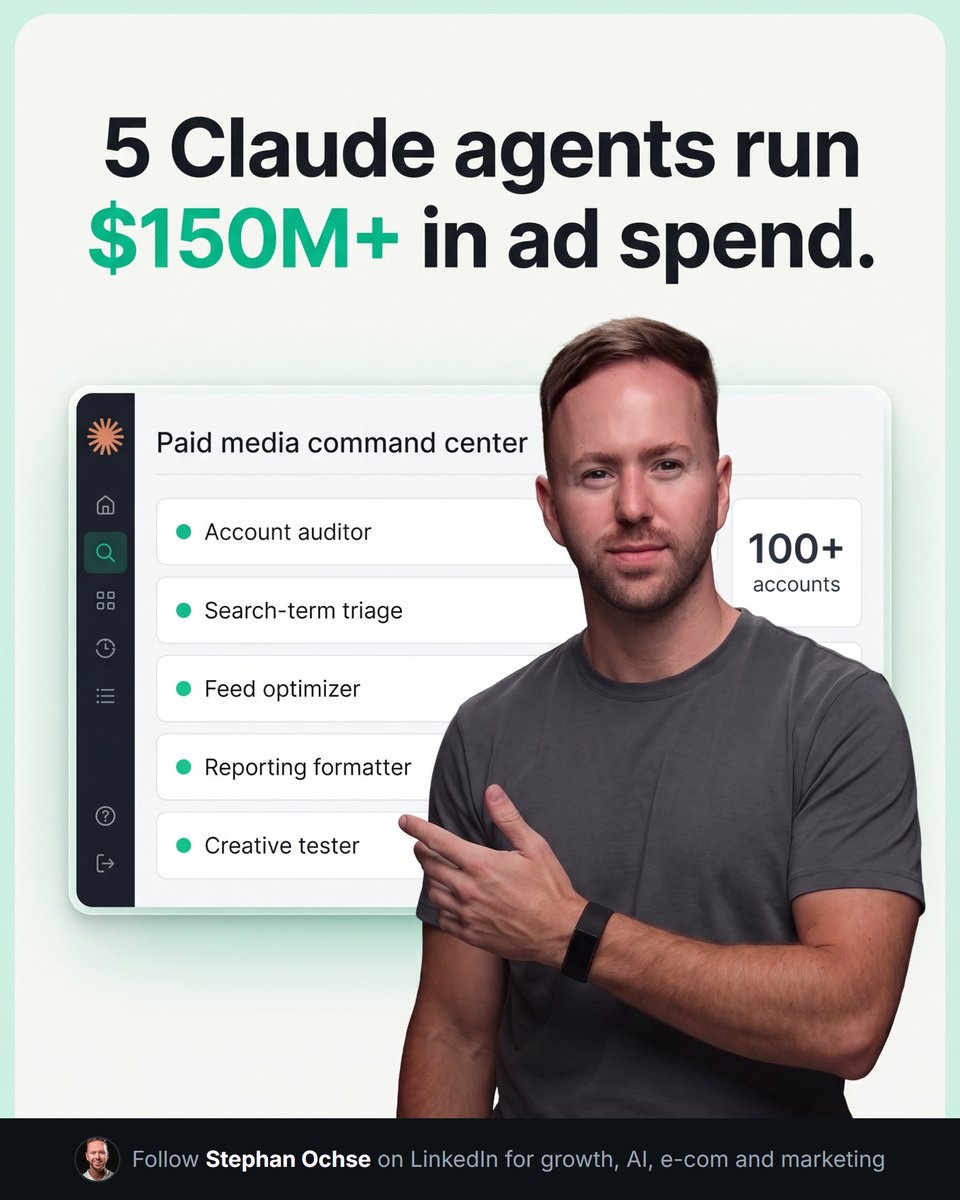 stephanochse's tweet photo. 5 Claude agents run the paid media for 100+ accounts.

I'm the operator. They do the grind 👇

Not one prompt. Five agents, each owning a job:

→ Account auditor — 223 checks, runs nightly
→ Search-term triage — the negatives before they burn budget
→ Feed optimizer — disapprovals and dead products, caught
→ Reporting formatter — the weekly report, built and sent
→ Creative tester — every ad ranked by ROAS

$150M+ in yearly spend moves through this. I spend my hours on judgment, not spreadsheets.

Comment SKILL and I'll send you the Claude Audit Prompt Pack.