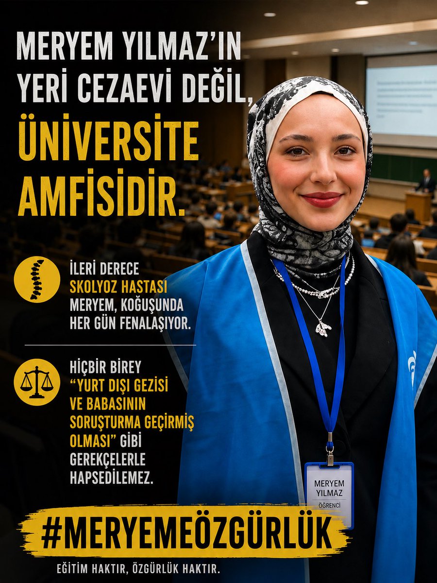 odakdunyam's tweet photo. Meryem Yılmaz’ın yeri cezaevi değil, üniversite amfisidir.

İleri derece skolyoz hastası Meryem, koğuşunda her gün fenalaşıyor.

Hiçbir birey, “yurt dışı gezisi” ve “babasının soruşturma geçirmiş olması” gibi gerekçelerle hapsedilemez.

@levent_kazak 

 Türkiye Cezaevleri https://t.co/YewbSc0YU8