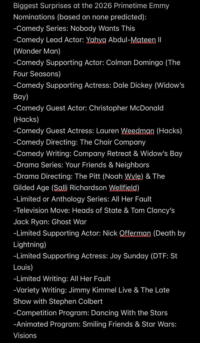 readyplayeralex's tweet photo. Here are the biggest surprises and snubs at the 2026 Primetime Emmy nominations (based on the NBP team that predicted ALL or none) https://t.co/kW7grR8uZW