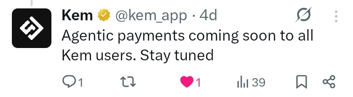 Oxsuleman's tweet photo. ππ "Agentic payments coming soon to all Kem users."
This is exactly why I keep saying Kem is the future of finance. The vision keeps getting bigger, and I'm excited to see what's next. ππ @kem_app
#kemfam https://t.co/isX4lFLsTS