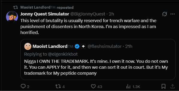 PurgedMaoist's tweet photo. His girlfriend of 10 years broke up with him because he couldn't stop posting. His mom and dad kicked him out. He lives in a hotel now. His recourse is to drop bands on a trademark he will never be able to enforce and mass report me on twitter. But sure, those are equivalent. https://t.co/Iikns9gjs9
