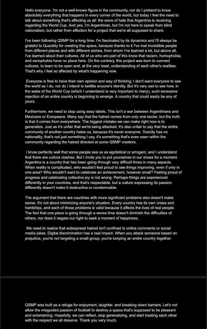 v0real_me's tweet photo. This is something I wrote after seeing the responses to Juan and Quackity's posts.

It's fine if you disagree, but if you do, please share this message with the community.

#QSMP #qsmp #qsmp2 https://t.co/kdwhxCqK6Y
