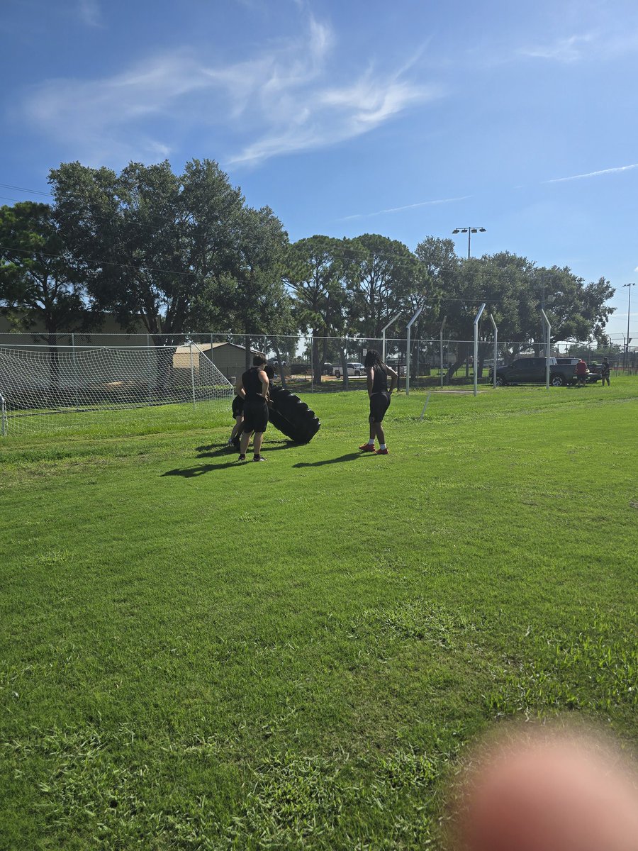 CoachPost70's tweet photo. The @PalmettoFBall inside and outside LB group got in some  tire work today after lifts. The boys worked hard in the weightroom and out on the grass getting ready for the upcoming season. https://t.co/9HuzL4IfaS