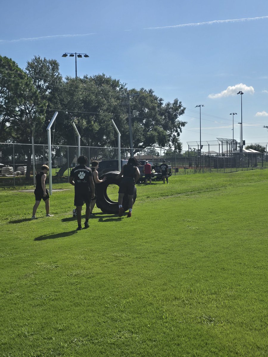 CoachPost70's tweet photo. The @PalmettoFBall inside and outside LB group got in some  tire work today after lifts. The boys worked hard in the weightroom and out on the grass getting ready for the upcoming season. https://t.co/9HuzL4IfaS
