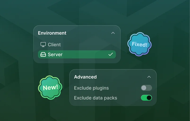 A graphic showing the environment filters with "Server" selected with a "Fixed" badge next to it, and the new "Advanced" filters section showing an example of "Exclude plugins" and "Exclude data packs" toggles, with a "New" badge next to it.