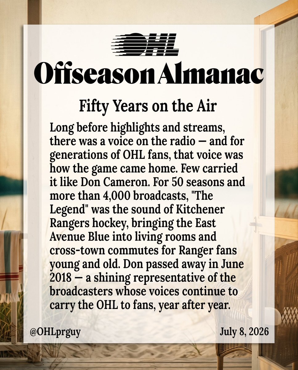 OHLprguy's tweet photo. News that AM 570 will fall silent after carrying 30 seasons of @OHLRangers gives me pause to reflect on what radio voices have meant to the #OHL — none more legendary than the late Don Cameron.

My thoughts are with Mike Farwell and others affected this week.

#OffseasonAlmanac https://t.co/nstrQjnQJB