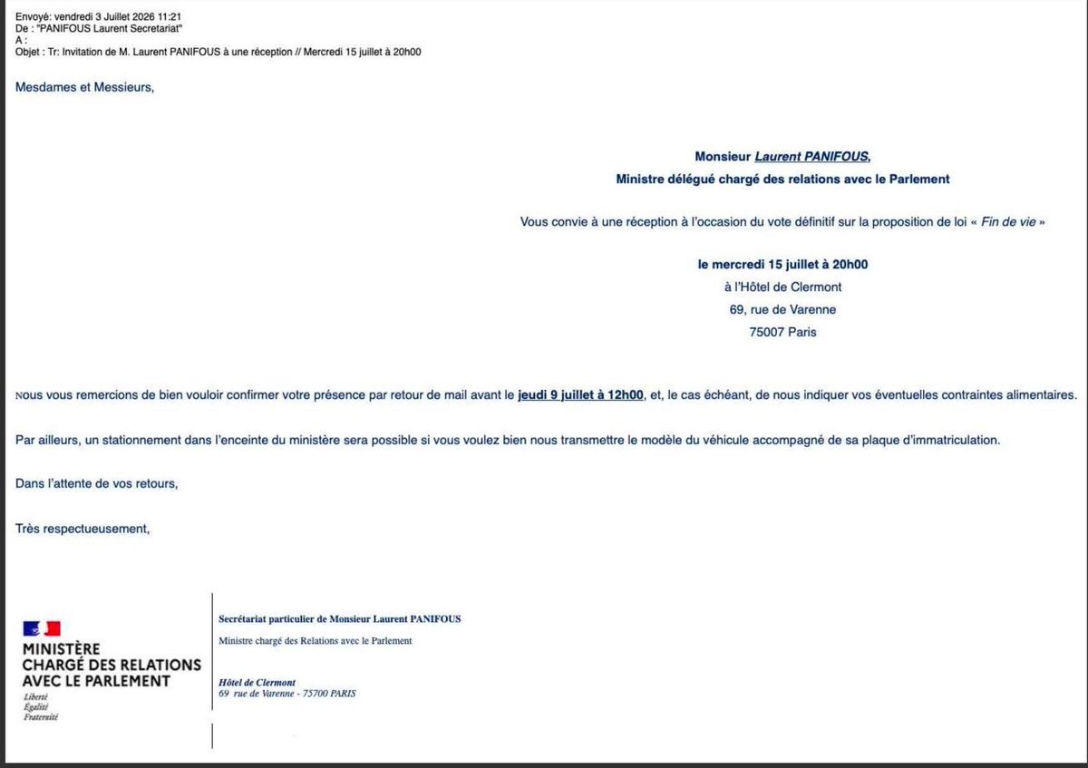 BrunoRetailleau's tweet photo. Je suis profondément choqué d’apprendre qu’un cocktail est organisé au sein d’un ministère pour célébrer le vote de la loi sur l’aide à mourir.

« Mourir dans la dignité » : mais où est la dignité quand on fête au champagne une loi qui touche à la souffrance et à la mort des plus fragiles ? On n’est pas à un match de foot !

Au-delà des convictions de chacun sur ce texte, ces sujets engagent notre conscience collective et notre conception de la dignité humaine. Ils appellent le respect, l’humilité et la gravité. C’est à cette hauteur que les responsables politiques devraient toujours se tenir.
