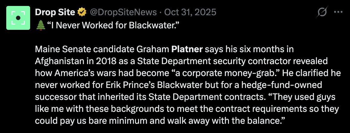 SpookySocialist's tweet photo. It’s rich hearing Ryan Grim talk about “journalistic malpractice” when he’s spent the last YEAR lying that Platner “never worked for Blackwater” despite his Blackwater hat, magnet, and working for its rebrand Constellis. 

But when it comes to rape, we need to know every detail. https://t.co/etDNN9JxFy