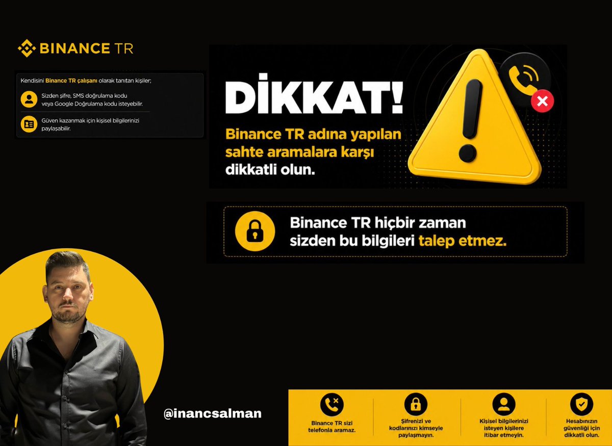 inancsalman's tweet photo. ⚠️ Kriptoda En Büyük Risk Bazen Piyasa Değil, Dolandırıcıdır

Son dönemde kendisini “Binance TR çalışanı” olarak tanıtan kişilerin kullanıcıları telefonla aradığı dolandırıcılık girişimleri tespit edilmiş.

Buradaki kural çok net:
✅ Binance TR sizi cep telefonunuzdan aramaz.
✅ Binance TR’nin kullanıcıların arayabileceği bir telefon hattı yoktur.
✅ Hiçbir Binance TR çalışanı sizden şifre, SMS kodu, Google Authenticator kodu veya güvenlik bilgisi istemez.

Eğer biri sizi arayıp;
“Şüpheli işlem var.”
“Hesabınız risk altında.”
“Kod paylaşmanız gerekiyor.”
“Varlıklarınızı güvenli hesaba taşıyalım.”
gibi cümleler kuruyorsa büyük ihtimalle sosyal mühendislik dolandırıcılığıyla karşı karşıyasınız.

Kriptoda güvenlik sadece güçlü şifre kullanmak değildir. Panik anında doğru karar verebilmek de güvenliğin parçasıdır.

📌 Şüpheli durumda tek doğru kanal: Binance TR uygulaması veya resmi web sitesi üzerinden Canlı Destek.

Unutmayın:
Kod isteyen, şifre isteyen, acele ettiren, korkutan kişi destek ekibi değil; dolandırıcıdır.

Hesabınızı korumanın ilk adımı bilgiyi paylaşmamaktır. 🔐

Daha Fazla Bilgi için;
https://t.co/NioYsA1HgX

#BinanceTR #KriptoGüvenliği #DolandırıcılıkUyarısı #SosyalMühendislik #KriptoDolandırıcılığı #HesapGüvenliği #DijitalGüvenlik #GüvenliKripto #reklam #işbirliği #duyuru #ücretsiz #güvenlik