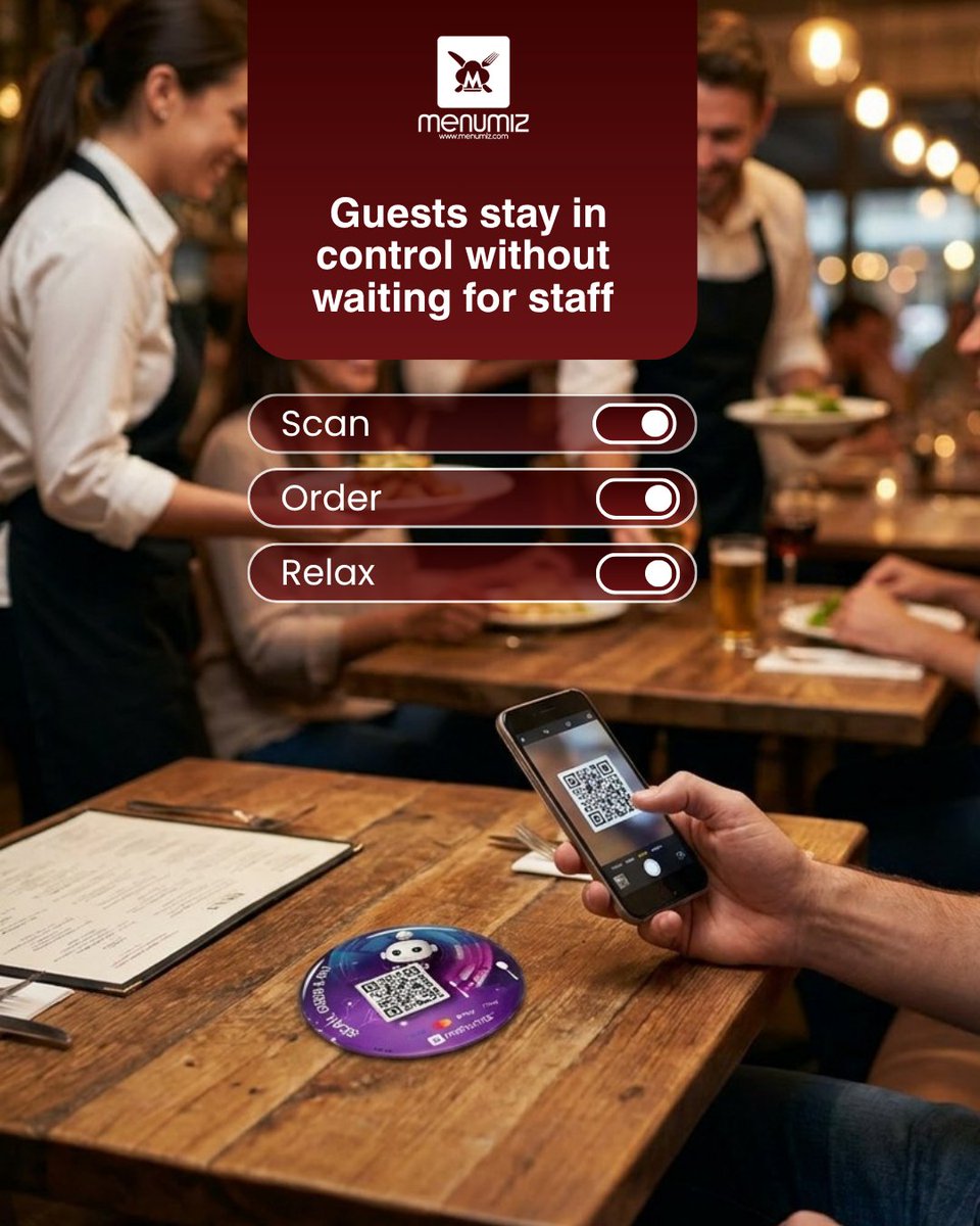 menumiz's tweet photo. Scan. Order. Relax. menumiz™ QR Ordering lets guests order whenever they're ready while giving staff more time to focus on service. #menumiz #Hospoware #AI #QROrdering #RestaurantTech #HospitalityTech #GuestExperience #DigitalMenu https://t.co/CU3dYYa1Qf