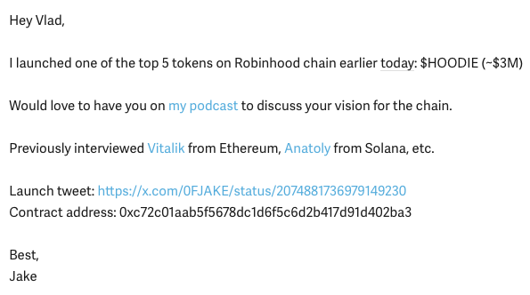 0FJAKE's tweet photo. emailed @vladtenev to see if he is down to talk robinhood chain https://t.co/KQt5dzG3Ss