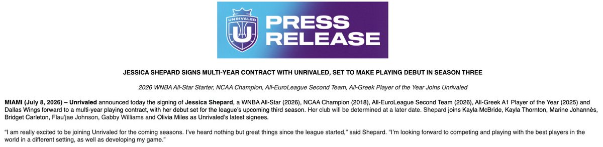colincsalao's tweet photo. News: Jess Shepard is joining Unrivaled in 2027, signing a multiyear deal with the 3-on-3 league. https://t.co/gvL0pt8aSR