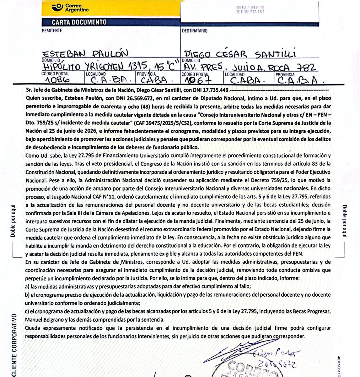 EstebanPaulon's tweet photo. TRES TRISTES TIGRES INCUMPLIDORES

Francos, Adorni y ahora @diegosantilli:tres  jefes de Gabinete y la misma ley sin cumplir. 

Al financiamiento universitario lo votó el Congreso dos veces y lo ratificó la Corte Suprema. Y no es una sugerencia. 

Intimé al jefe de Gabinete a cumplirla urgentemente y en su totalidad. Sin trampas ni atajos.