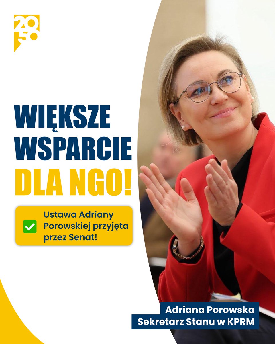 PL_2050's tweet photo. Senat przyjął ustawę o pożytku publicznym! ✅

To dobra wiadomość dla setek tysięcy Polaków działających w fundacjach, stowarzyszeniach, OSP i kołach gospodyń. Projekt @PorowskaAdriana podwaja limity małych grantów, upraszcza sprawozdawczość i likwiduje zbędne formalności.

Panie Prezydencie – to ustawa dla tych, którzy budują Polskę oddolnie. Czekamy na podpis 💛

#WyrazisteCentrum