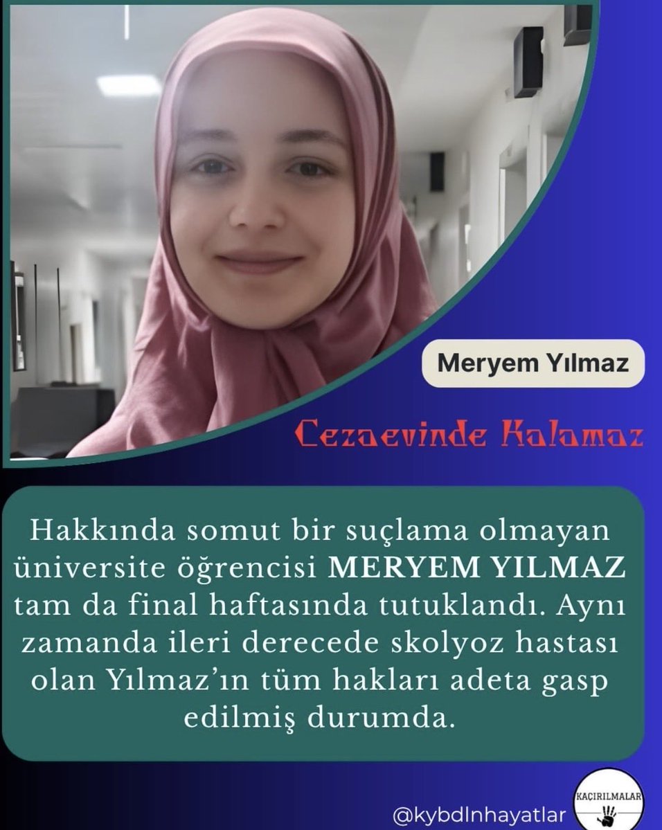 Semaa_b2's tweet photo. 21 yaşındaki üniversite öğrencisi Meryem Yılmaz’ın omurgasında 22 vida var. Cezaevi doktorunun hastane sevki verdiği belirtilmesine rağmen hâlâ hastaneye götürülmediği ifade ediliyor. Sağlık beklemez.

Türkiye Cezaevleri https://t.co/TcNso5Y1eW