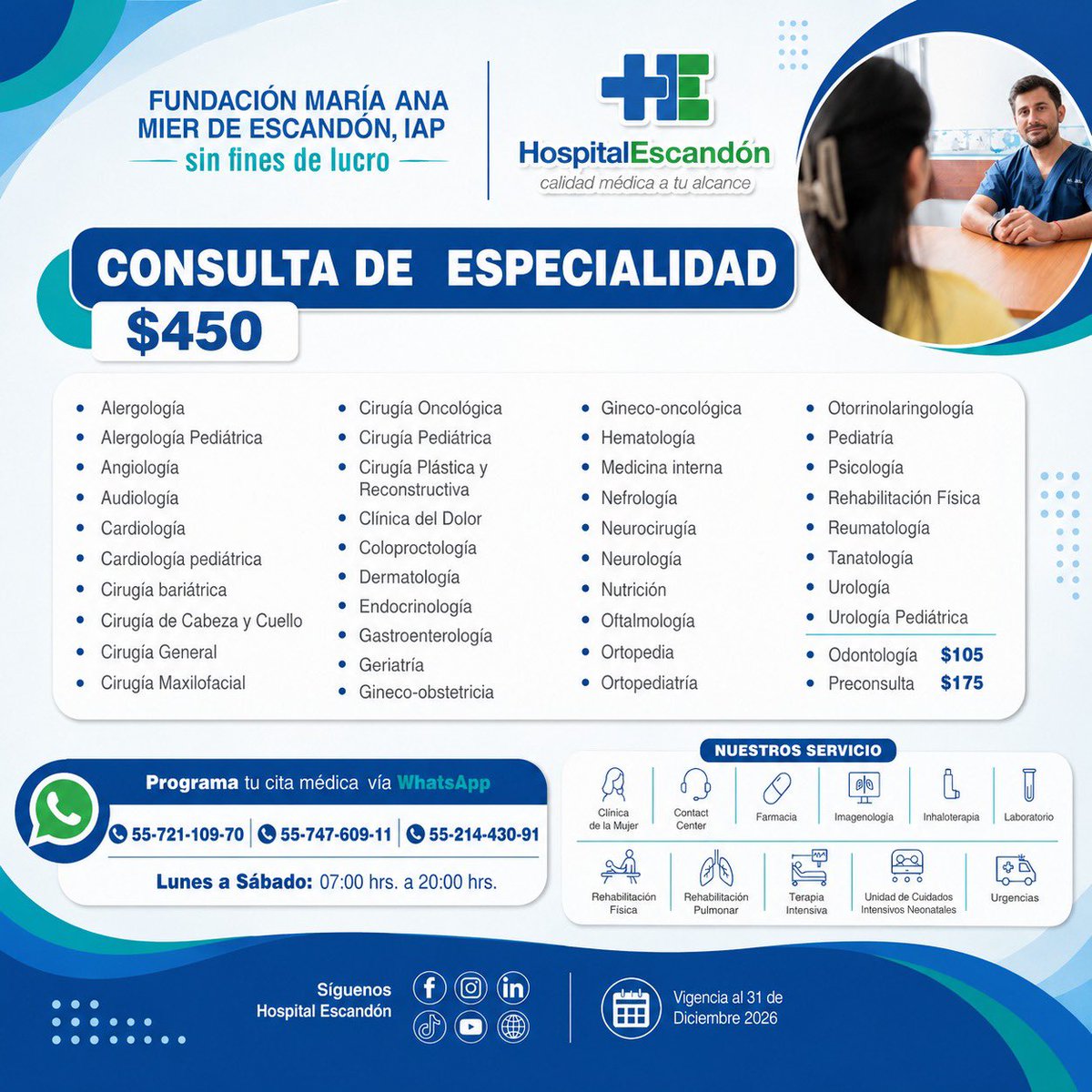 HospEscandon's tweet photo. En Hospital Escandón, contamos con más de 30 especialidades médicas para cuidar de ti y tu familia.

👩‍⚕️👨��⚕️ Consulta de especialidad $450

🦷 Odontología $105 | 🩺 Preconsulta $175

Lunes a sábado, de 7:00 a 20:00 hrs
📞 55-721-109-70 | 55-747-609-11 | 55-214-430-91 https://t.co/deQVDaU6sQ