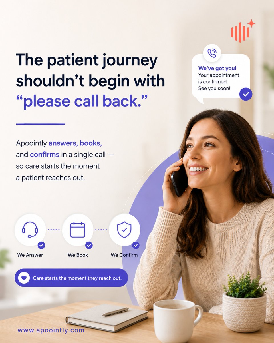 apoointly's tweet photo. The patient journey starts with the first call, not the first appointment.

@apoointly  helps clinics answer patient calls, manage appointments, and keep patient communication moving without adding pressure to staff.

https://t.co/9k0wLymrIB

#PatientExperience #AIFrontDesk https://t.co/XPsdz946wU