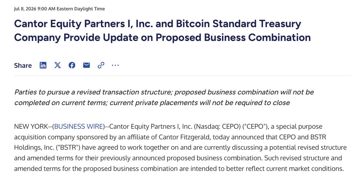 BitcoinNewsCom's tweet photo. NEW: Adam Back's The Bitcoin Standard Treasury Company to change the terms of its merger agreement with Cantor Equity Partners for a public offering. https://t.co/u6NBszP4wW