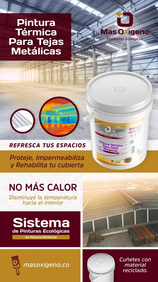 tecnosas's tweet photo. Pintura termica para tejas y cubiertas metálicas, reduce hasta un 60% la temperatura al interior de la edificación.
Información al 3104300344.
Mejora el confort térmico de tu vivienda, hotel, oficina, taller, fabrica, salon de clases, restaurante 
https://t.co/hTeh3td8zb https://t.co/vAmde6gFak