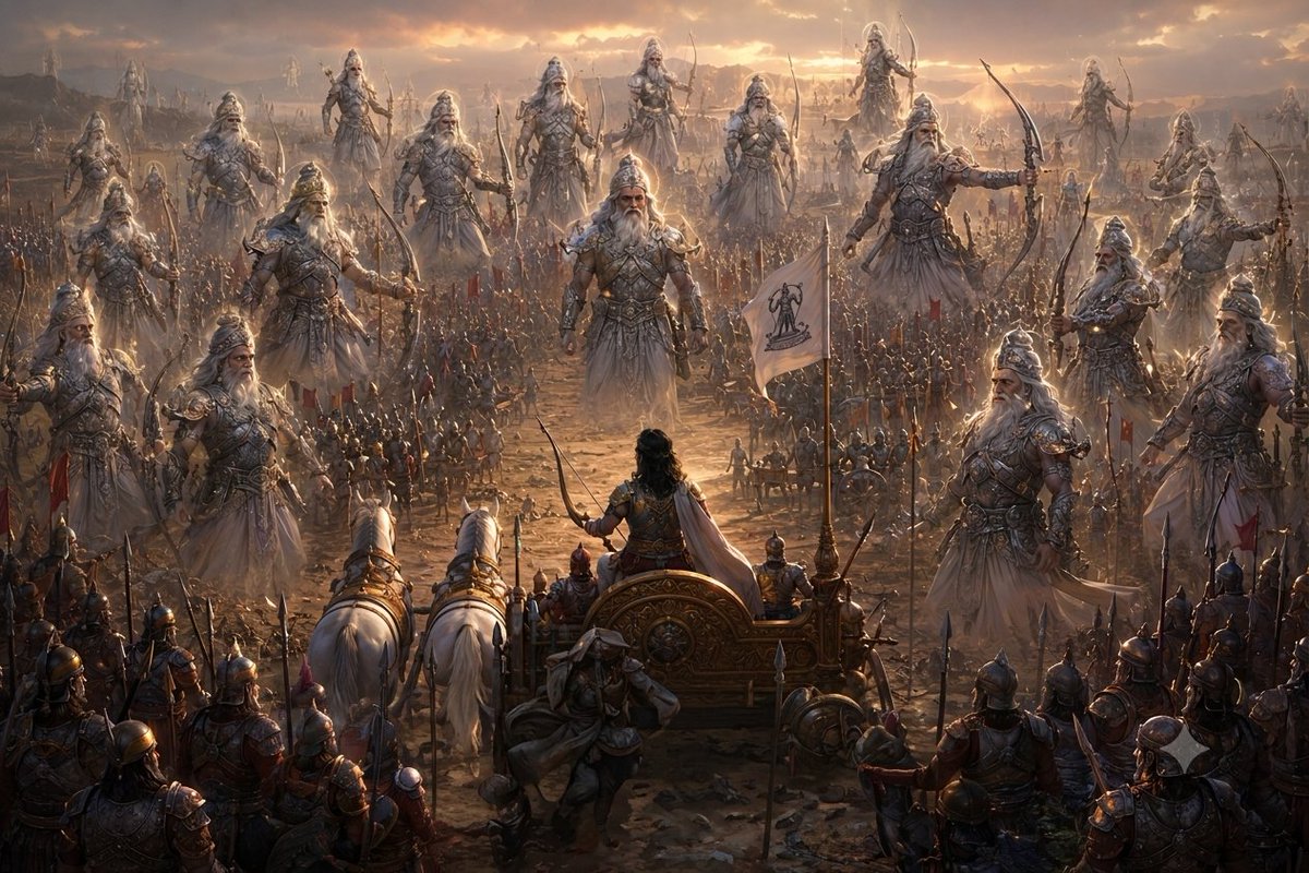basedkakashi's tweet photo. On the third day of war, after Duryodhan accused Bhishma of holding back because of his affection for the Pandavas, Bhishma decided to fight without restraint.

He appeared to be everywhere at once, encircling the Pandava forces. https://t.co/TvFOsIIQ7z