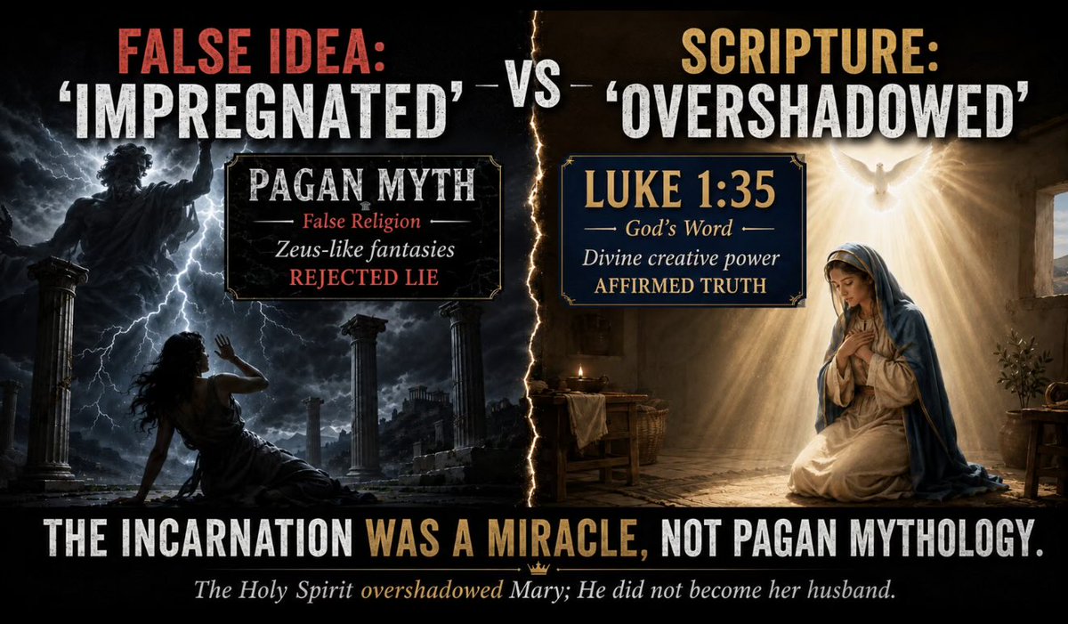 rickbrennanjr's tweet photo. Over the last few days I have watched countless Roman Catholics claim that the Holy Spirit is the “spouse” of Mary, with some even describing the virginal conception as Mary being “impregnated” by the Spirit.

But let’s be theologically precise: the Incarnation of Jesus Christ was a divine miracle, not a sexual or spousal act. When Catholics describe the Holy Spirit’s work in Mary as though it were literal impregnation, they make the Spirit sound more like Zeus descending upon a mortal woman for sexual intercourse rather than the Almighty God performing a holy act of creation.

Luke 1:35 is not pagan mythology. It is divine creative power. The Holy Spirit “overshadowed” Mary; He did not become her husband.

We can all agree that Mary was blessed among women because she bore the incarnate Son. But the Spirit did not “marry” her, and the miracle of the virgin birth should not be explained in language that confuses Trinitarian theology and collapses into pagan categories.