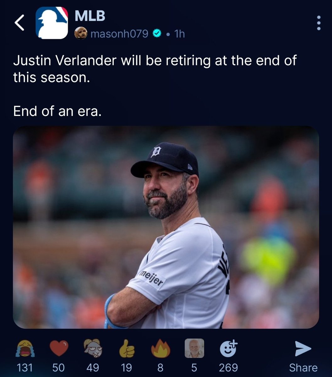 BahmFantasy's tweet photo. Justin Verlander announces retirement at end of this season.

Recently selected as "Legend Pick" for all-star game, which will be his 10th selection. https://t.co/LibSSfGoDs