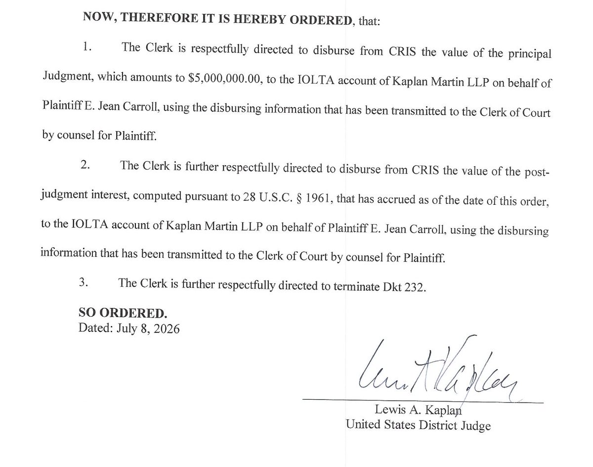 MeidasTouch's tweet photo. NEWS: Judge Orders $5 Million Disbursed to E. Jean Carroll After Supreme Court Rejects Trump's Final Appeal

Federal Judge Lewis Kaplan signed an order today directing the Clerk of Court to release the full $5 million judgment against Donald Trump, plus accrued interest, from the court's registry.

Trump has filed a notice of appeal in response.